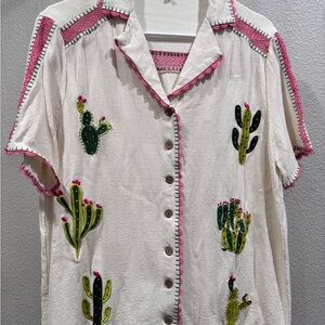 Cactus Embroidered Button-Up Camp Shirt